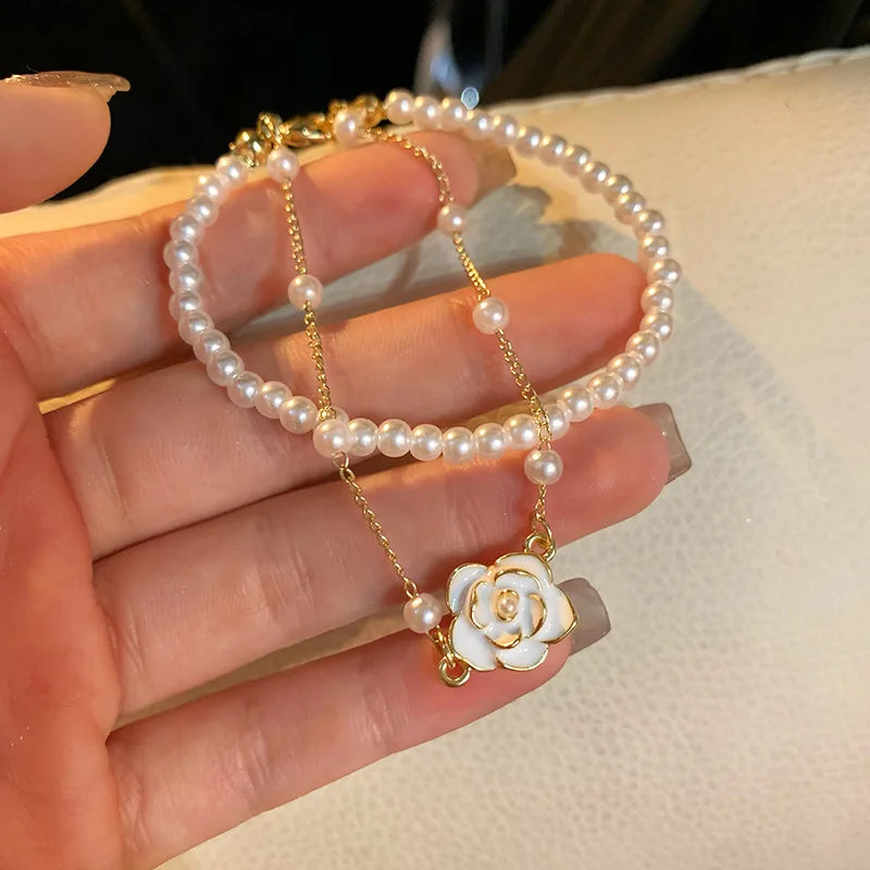 Vintage White Camellia Flower Bracelets for Women Elegant Double Layer Simulated Pearl Beads Chain Bracelet Jewelry Trend