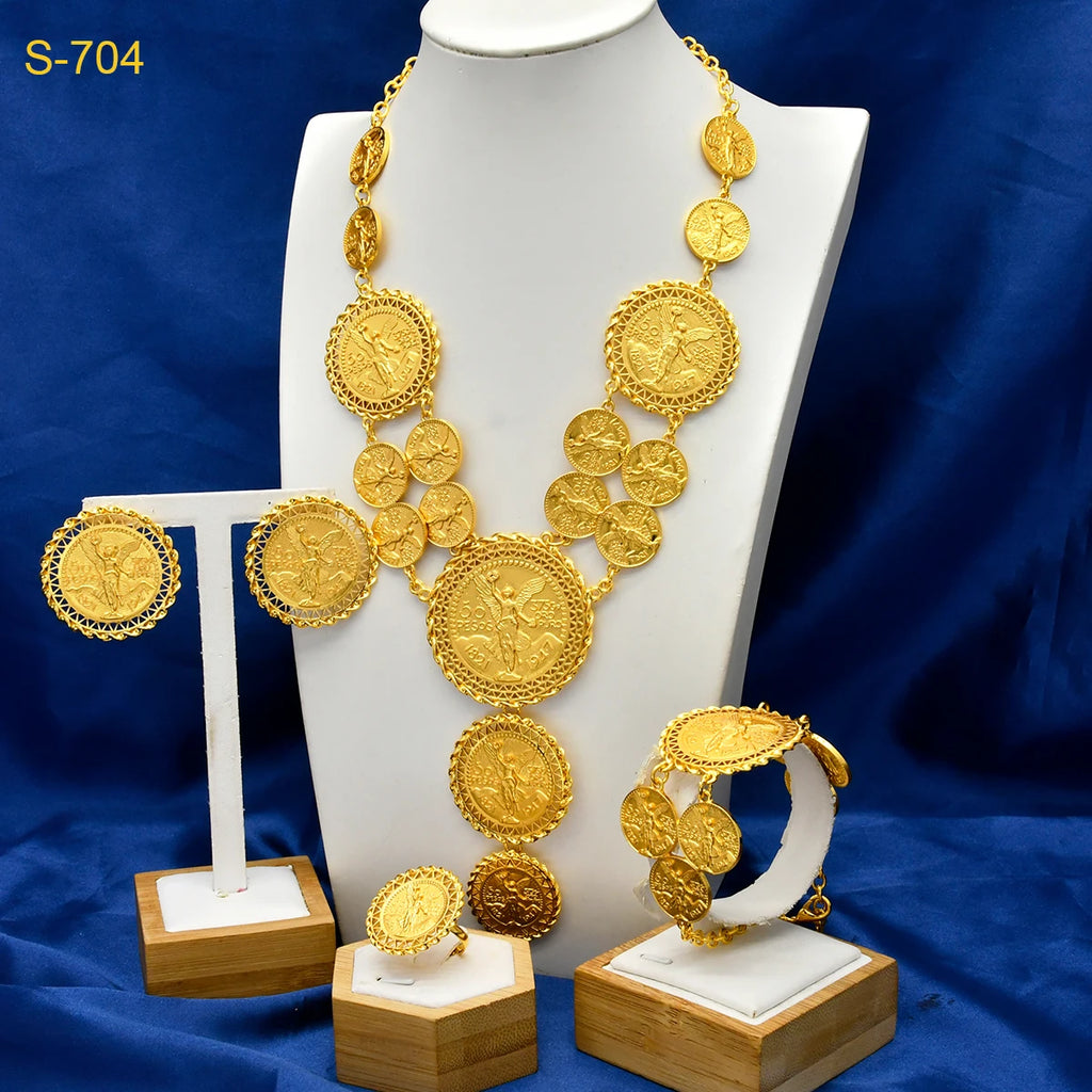 Dubai Gold Color Coin Necklace Bracelet Jewelry Sets For Women African Ethiopian Bridal Wedding Luxury Gifts