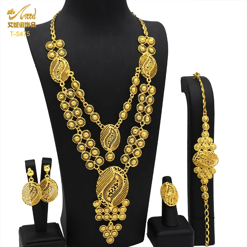 ANIID Brazilian 24K Gold Color Jewelry Sets Wedding Dubai Necklace Earrings For Women Nigerian Indian Bridal Set Party Gifts