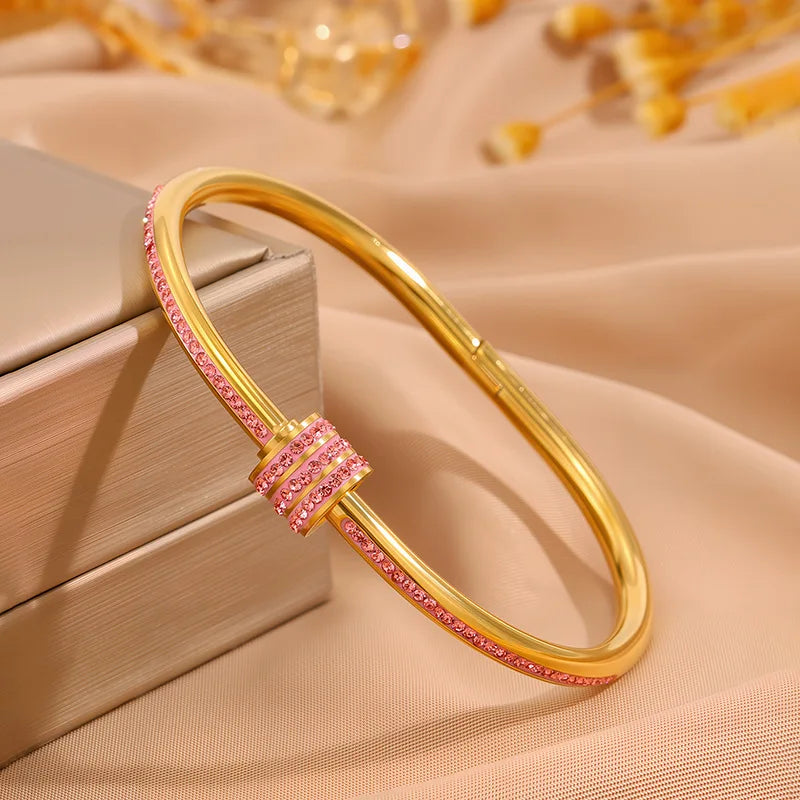 Sparkling Zirconia-Inlaid Stainless Steel Stackable Bracelet Set