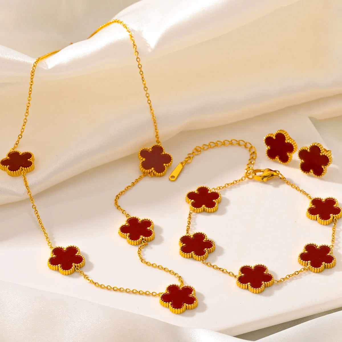 Women's Trendy 18K Gold Plated Jewelry Set  Five Leaf Clover Necklace Bracelet Earrings Stainless Steel Jewelry Para Mujer