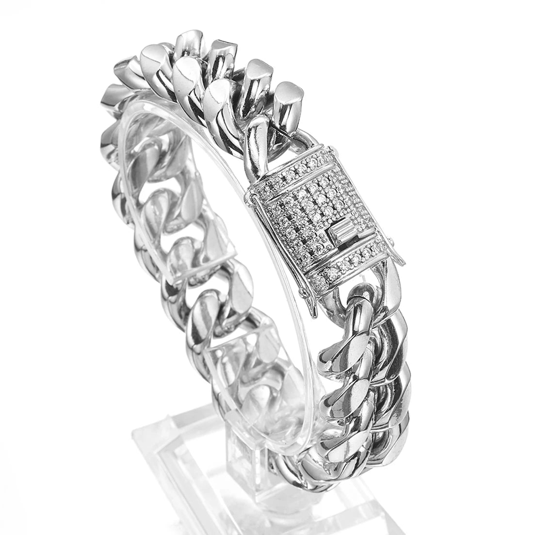 ChooseMe Stainless Steel Miami Cuban Chain Crystal Bracelet