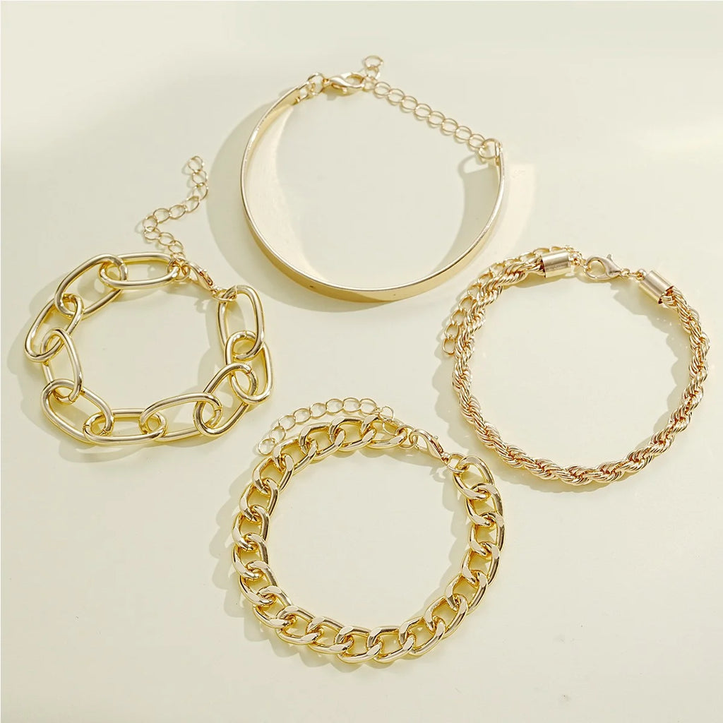Simple Punk Chunky Chain & Dainty Boho Charm Bracelet Set, 4 Pcs/Set