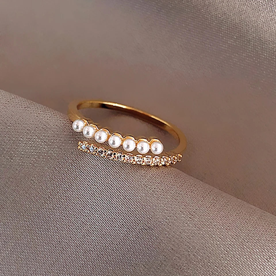 Korean Fashion Gold-Color Round Small Pearl & Shiny Zircon Minimalist Open Ring