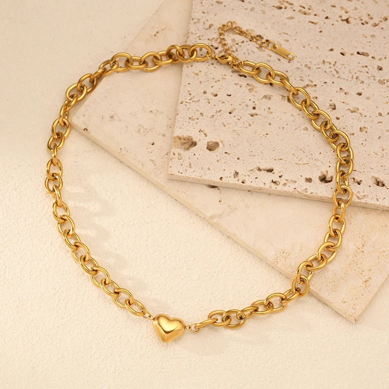 EILIECK 316L Stainless Steel Metal Gold Color Heart Chain Collar Necklace For Women Trendy Waterproof Neck Chain Jewelry Gift