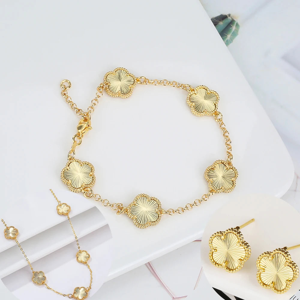 Hot Sale 14 Colors Five-Leaf Flower Set Bracelet Necklace Classic Simple Women Jewelry Set Suitable For Daily Party Wear Clover