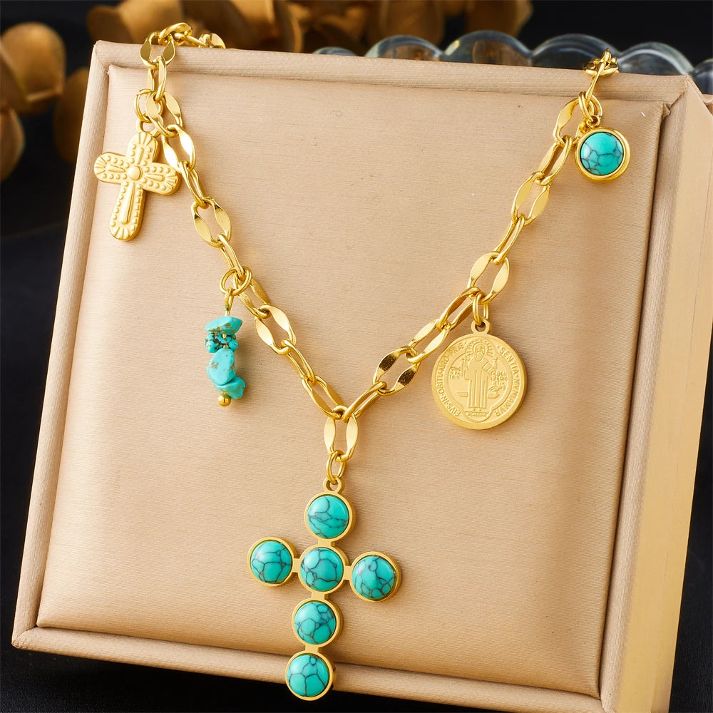 DIEYURO 316L Stainless Steel Golden Heart Sun Multiple Pendants Necklace Women New Fashion Marine Style Neck Chain Jewelry Gift