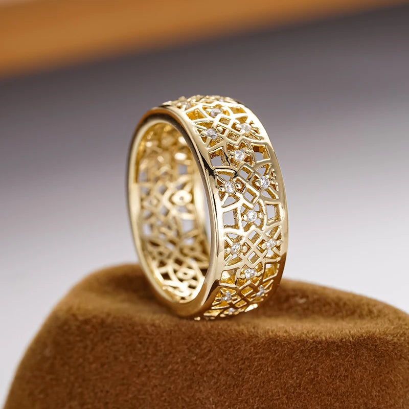 Huitan Hollow Out Design Women Ring Versatile Party Daily Inlaid Shining CZ Trendy Accessories Gold Color Fancy Wedding Jewelry