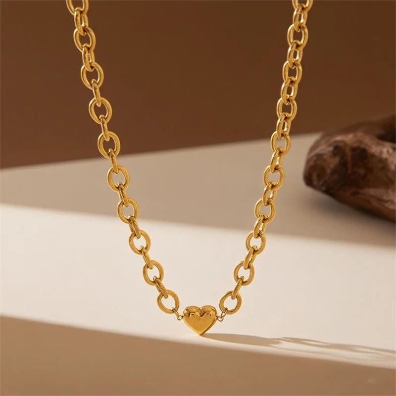 EILIECK 316L Stainless Steel Metal Gold Color Heart Chain Collar Necklace For Women Trendy Waterproof Neck Chain Jewelry Gift