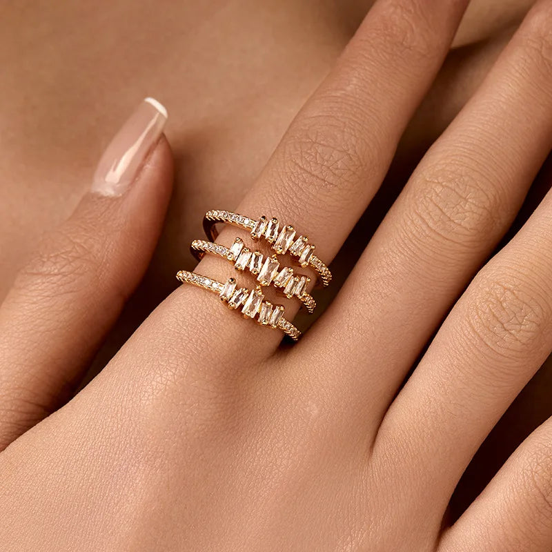Personalized 18k Gold Plated Exquisite Zircon Ring with Opening Design European American Style Elegant Women Finger Ring