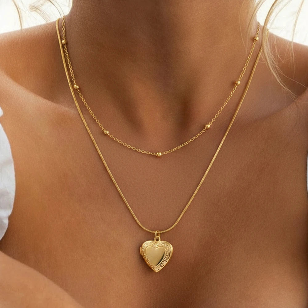 1pc Double-layer Heart Locket Necklace,Openable Photo Pendant&Ball Chain,Elegant Aesthetic For Girls,Everyday&Party Accessories