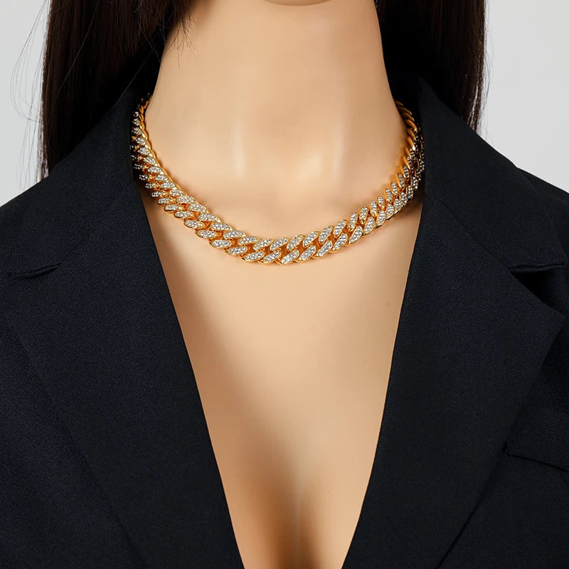 EILIECK Collier et bracelet à maillons cubains épais en zircone pour femme, style punk, plaqué or 18 carats, étanche, bijoux de fête, cadeau