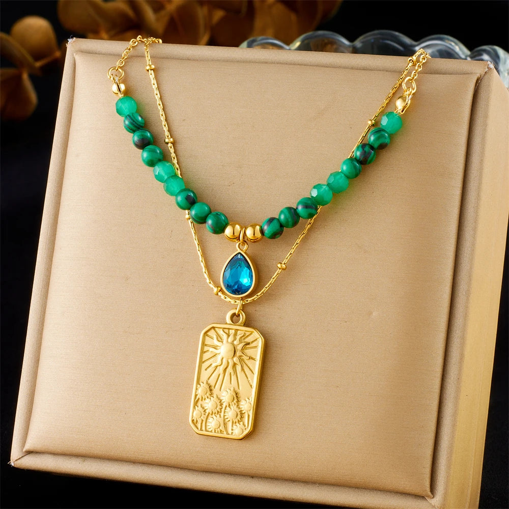 DIEYURO 316L Stainless Steel Golden Heart Sun Multiple Pendants Necklace Women New Fashion Marine Style Neck Chain Jewelry Gift