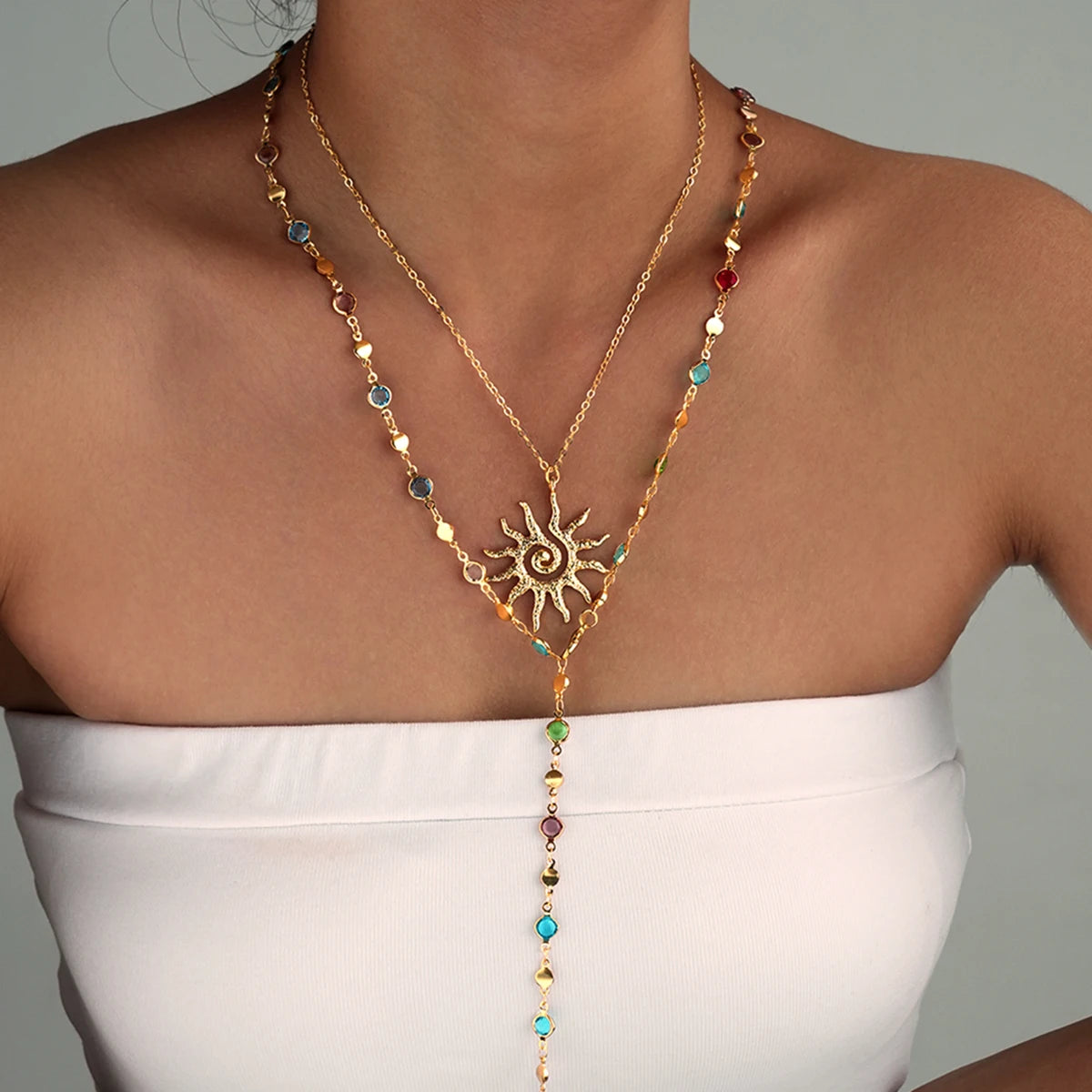 Trendy Sunflower Crystal Y-Shaped Tassel Necklace Set, 2 Pcs/Set
