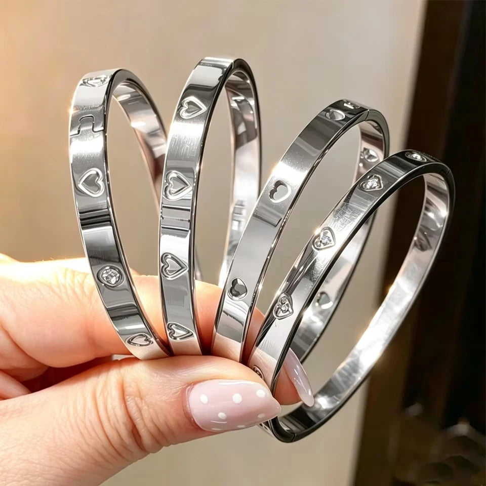 Yupsk 4/1Pcs Inlaid Zircon Stainless Steel Stackable Bracelet Delicate Flower Design Bangles Women's Fashion Versatile Jewelry