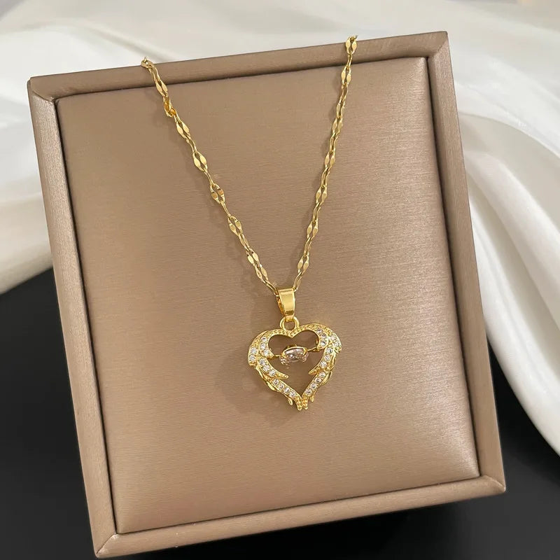 Classic Gold-Color Stainless Steel Shiny Zircon Geometric Heart Pendant Necklace