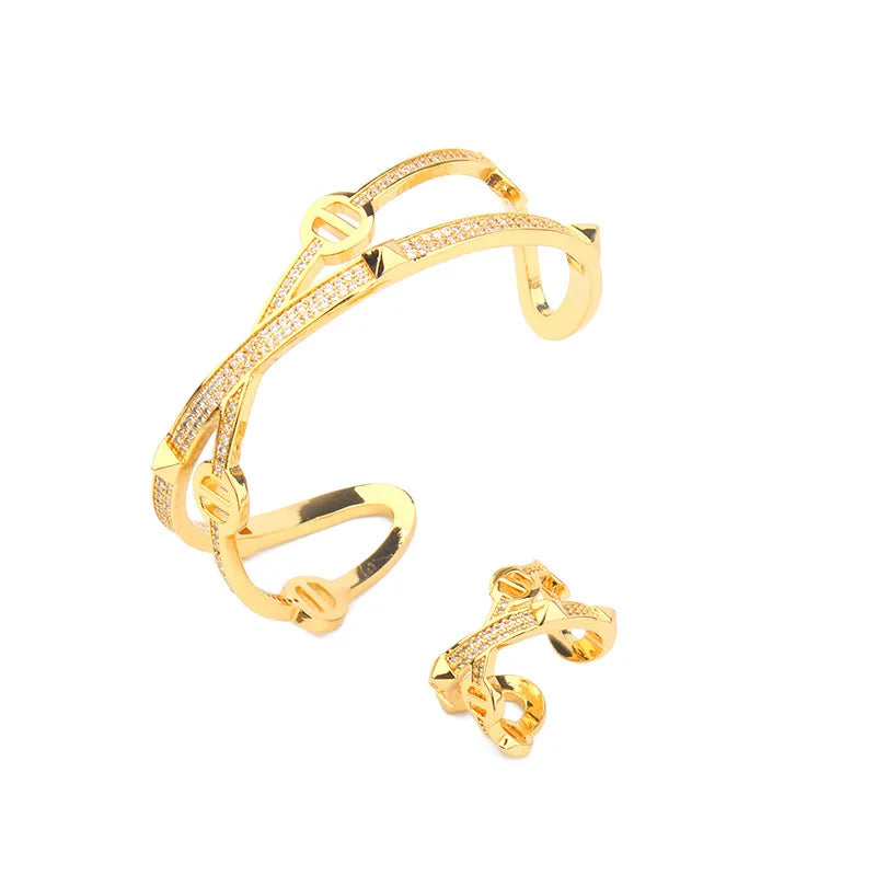 Fashion Luxury Punk Geometry Cubic Ziron Engagement Bridal Bracelet Statment Ring copper Lady Gift Jewelry