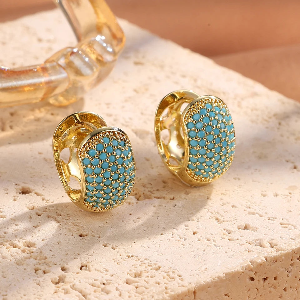 New Classic Turquoise Flower & Blue Four-Leaf Clover Hoop Earrings