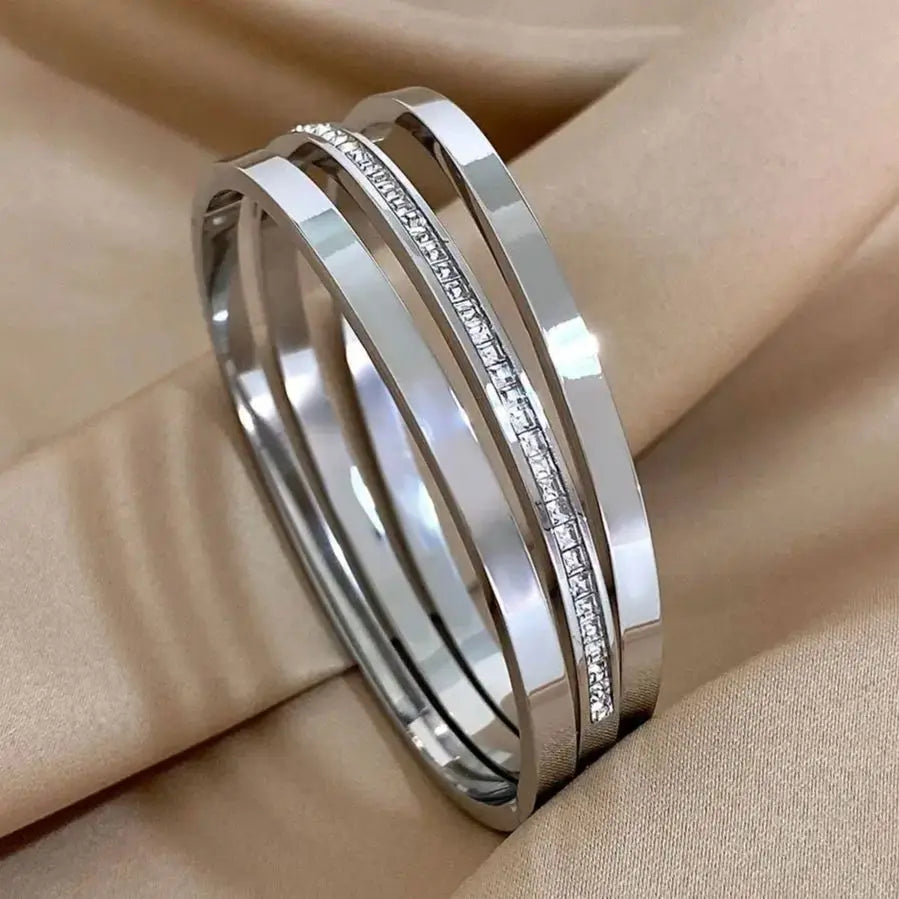 3pcs Glossy Rhinestone Stainless Steel Waterproof Bangle Bracelet