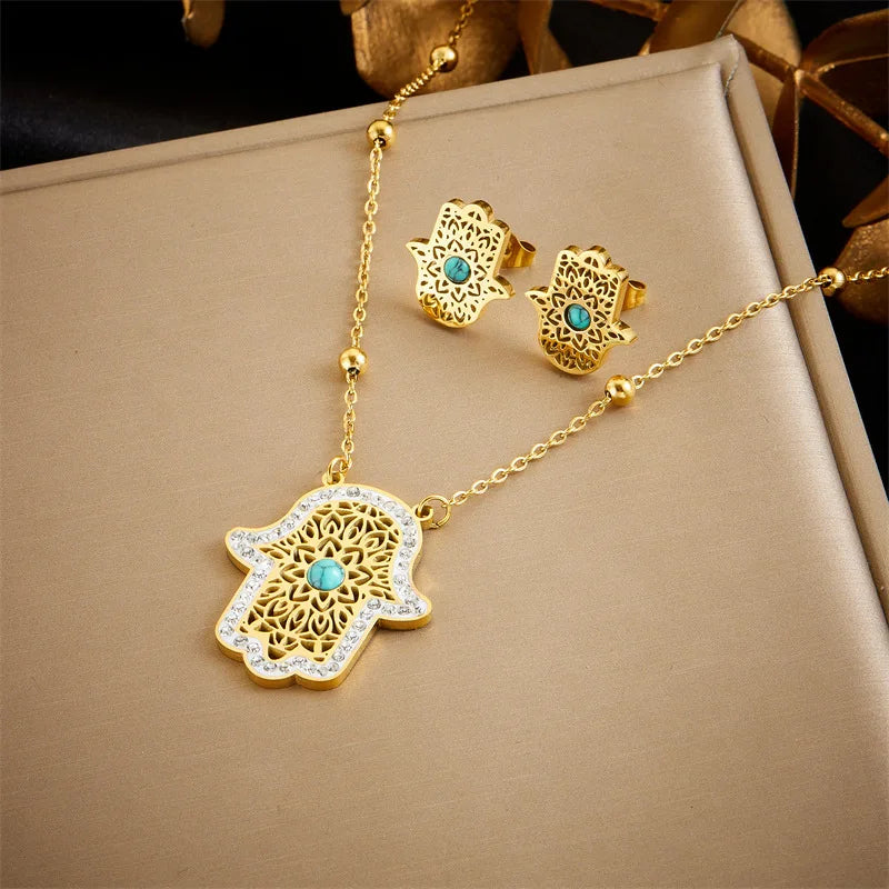Vintage Colored Eye Pendant Necklace And Earrings Set Stainless Steel Plated 18K Gold Women's Jewelry Gift