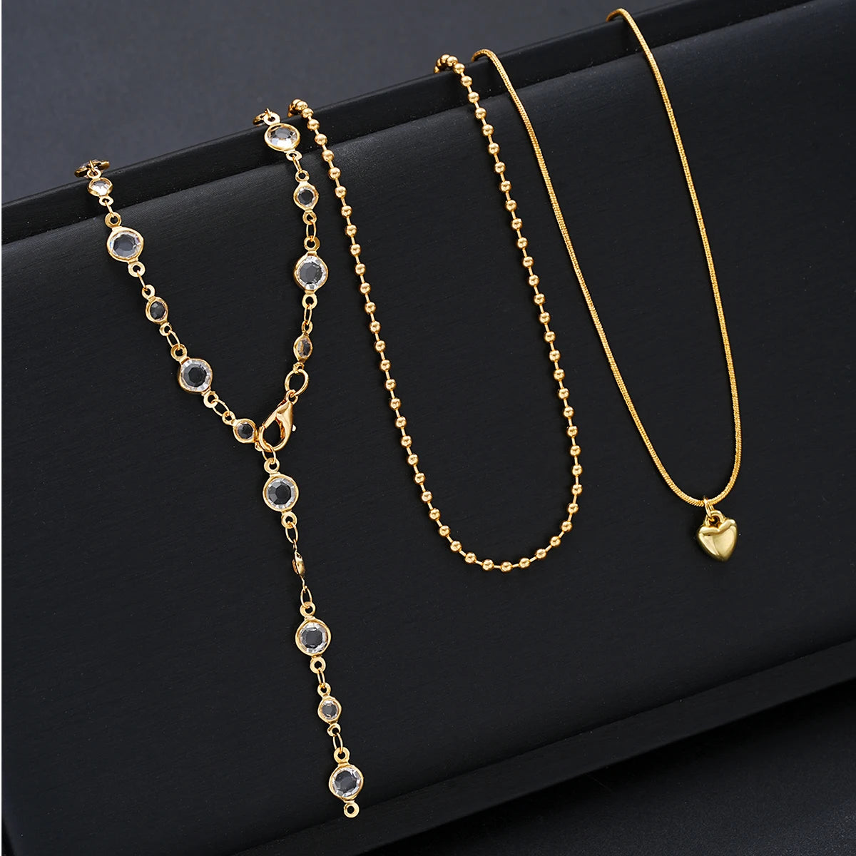 Vintage Heart Beads & Crystal Y-Shaped Tassel Necklace Set, 3 Pcs/Set