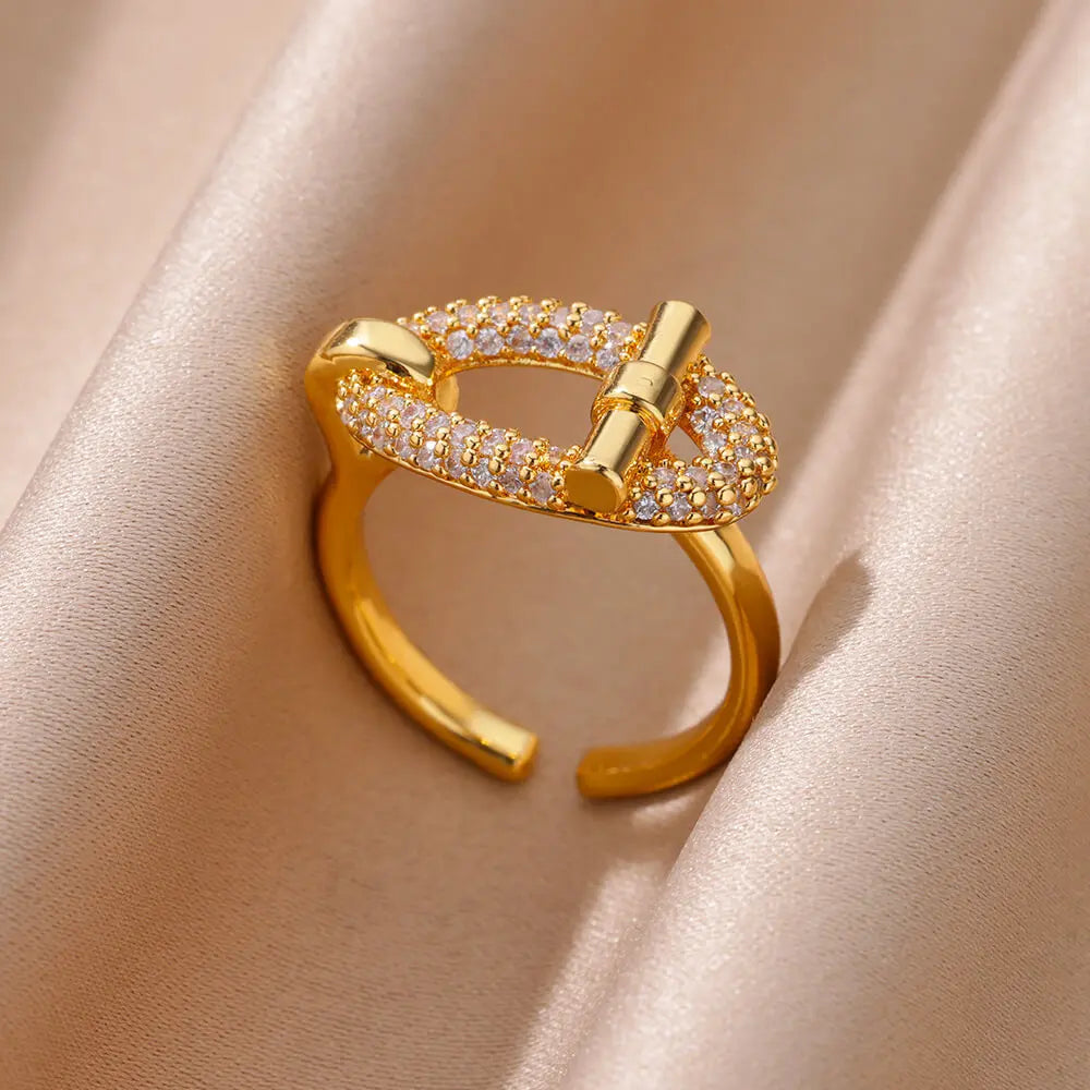 Gold-Plated Stainless Steel Crystal & Geometric Chain Ring