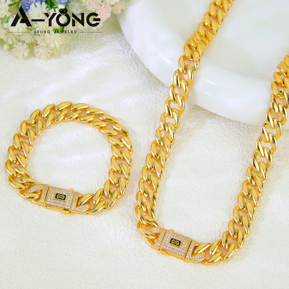 ChooseMe Arabic Dubai Vintage 21K Gold-Plated Cuban Chain & Zirconia Set