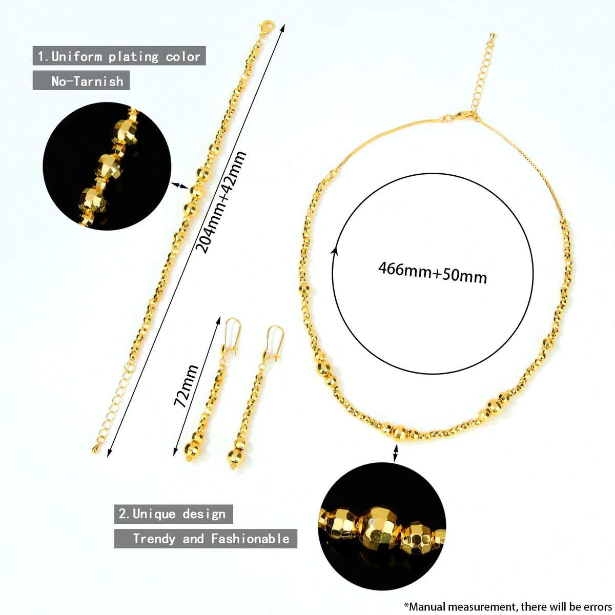 Dubai Fashion Beads Jewelry Set 21k Gold Plated Arabic Muslim Necklace Bracelet Earrings Algeria Women Bridal Wedding Jewelrys