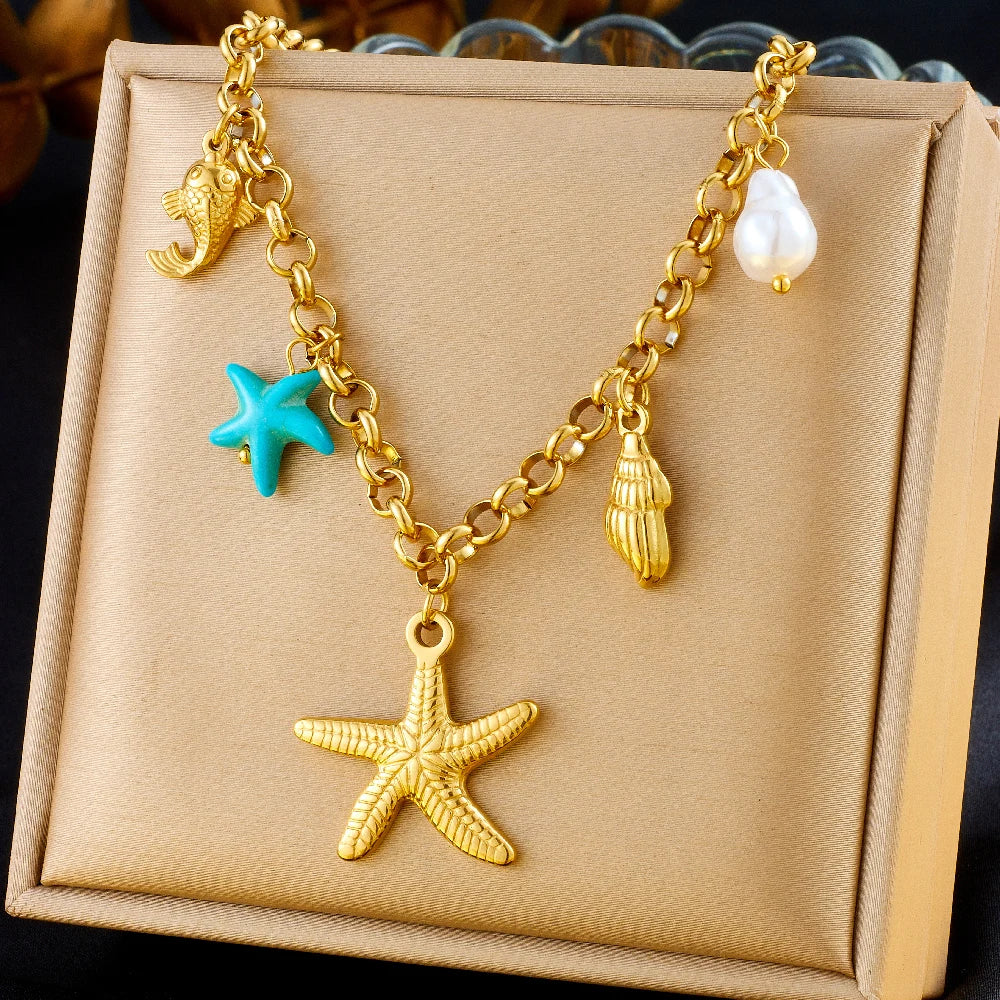 DIEYURO 316L Stainless Steel Golden Heart Sun Multiple Pendants Necklace Women New Fashion Marine Style Neck Chain Jewelry Gift