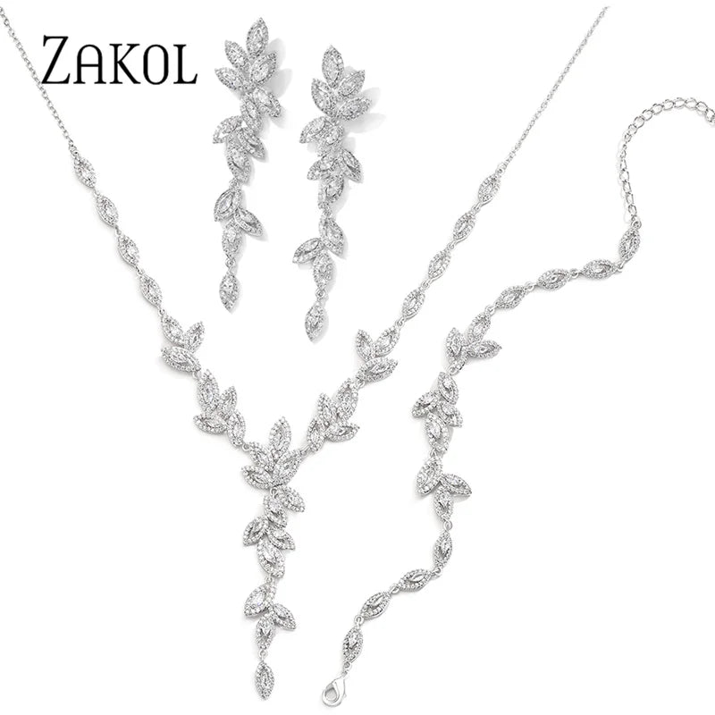 ZAKOL Luxury Gold Color Leaf Bridal Wedding Jewelry Sets for Women Marquise Zircon Earrings Necklace Bracelets Set