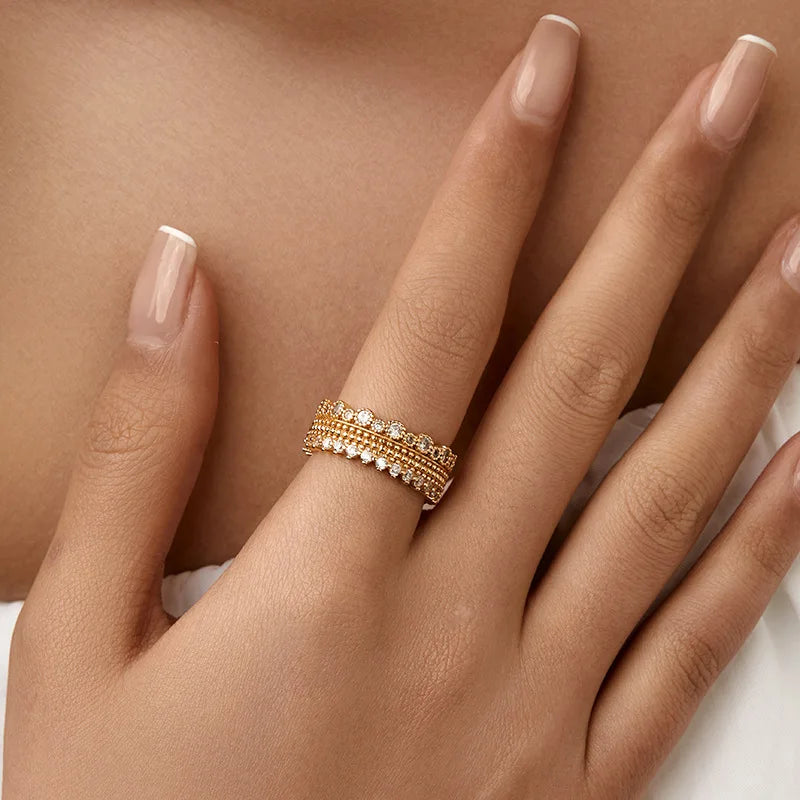 Personalized 18k Gold Plated Exquisite Zircon Ring with Opening Design European American Style Elegant Women Finger Ring