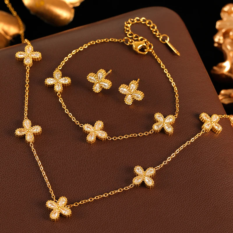 GANEMLY 316L Stainless Steel Flower Zirconia Bracelet Necklace Earrings Set Charm Metal Texture 18K Gold Plated Jewelry Women