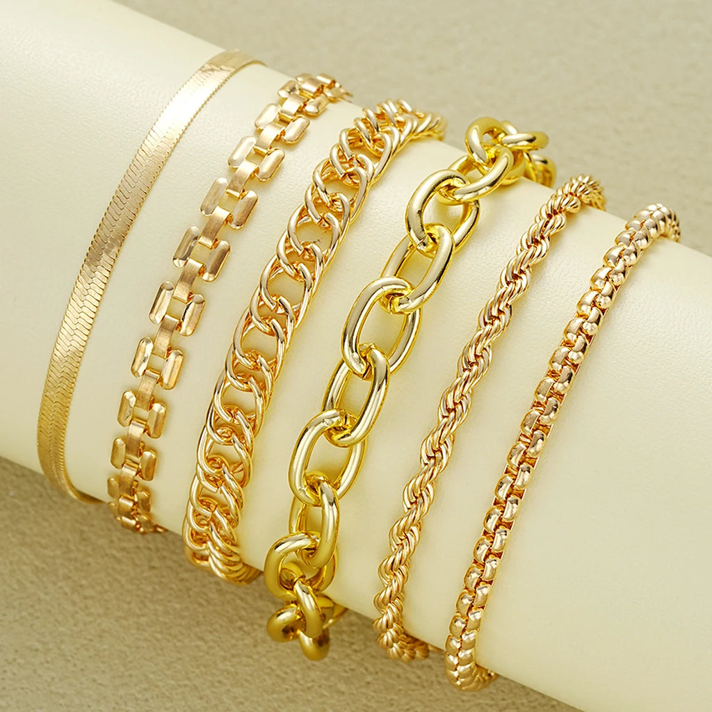 Simple Chunky Twisted Cuban Chain Metal Bracelet Set, 6 Pcs/Set