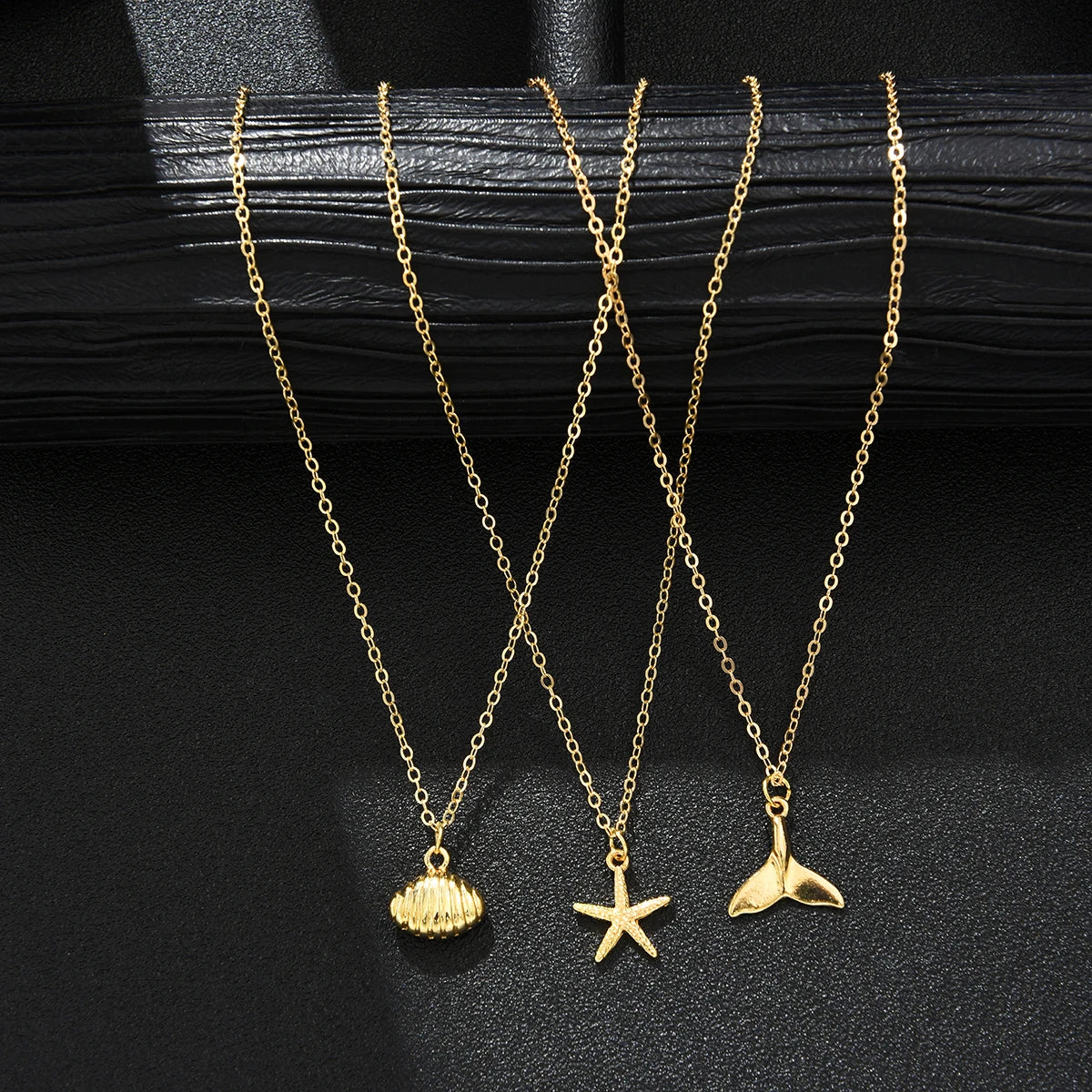 Vintage Summer Beach Starfish, Shell & Fishtail Pendant Necklace Set, 3 Pcs/Set