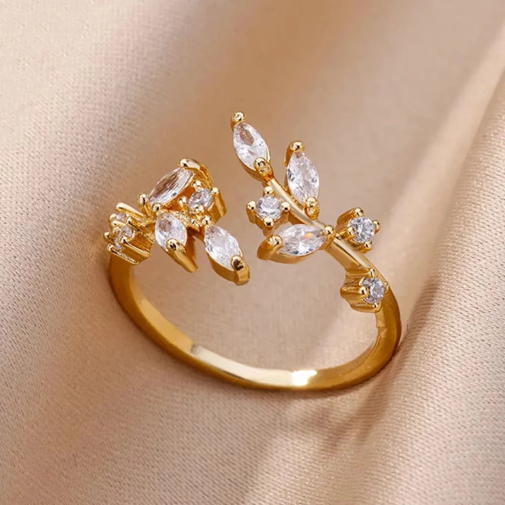 Gold-Plated Stainless Steel Crystal & Geometric Chain Ring