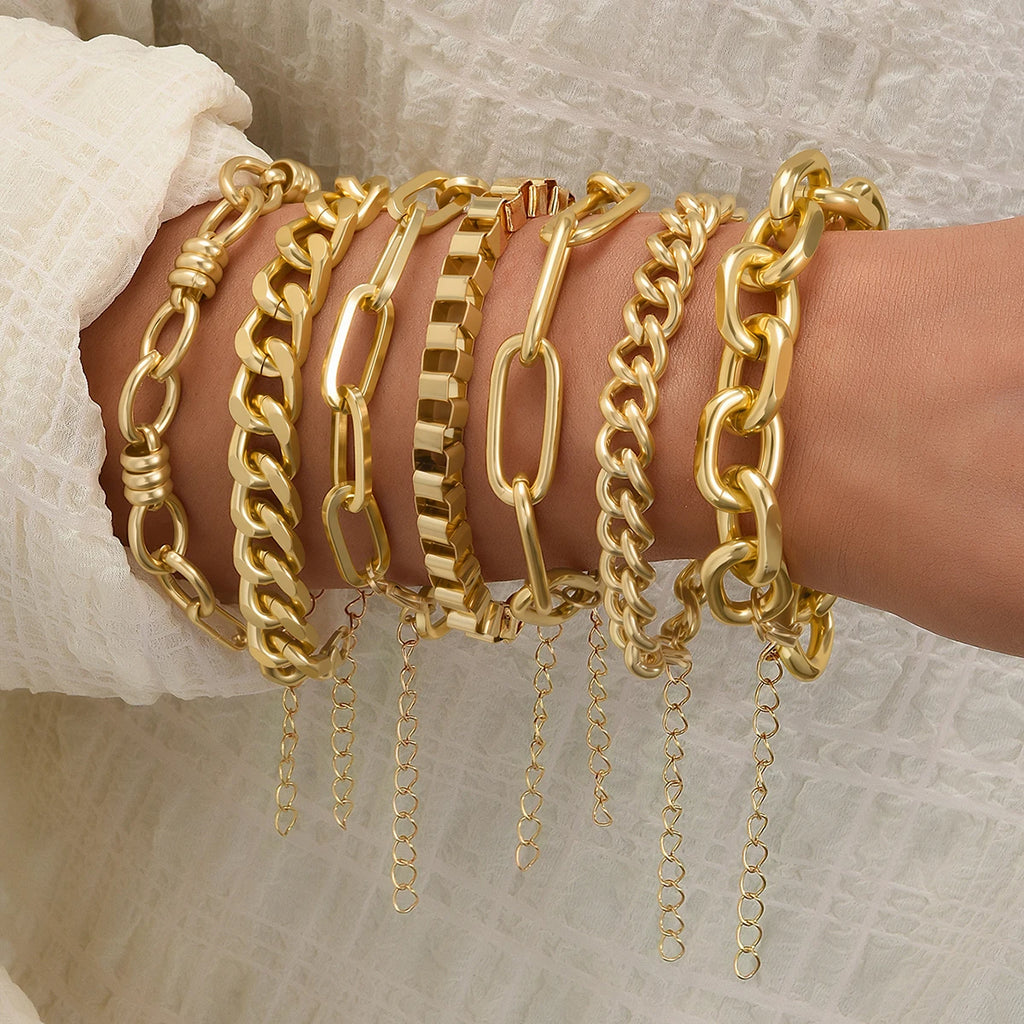 ChooseMey 7Pcs Simple Metal Snake & Twisted Link Chain Bracelet Set