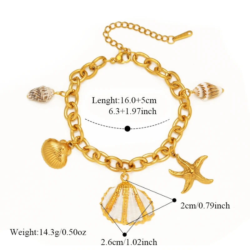 EILIECK 316L Stainless Steel Beach-Style Shells Starfish Bracelet Bangle For Women Trendy Waterproof Hand Chain Jewelry Gift