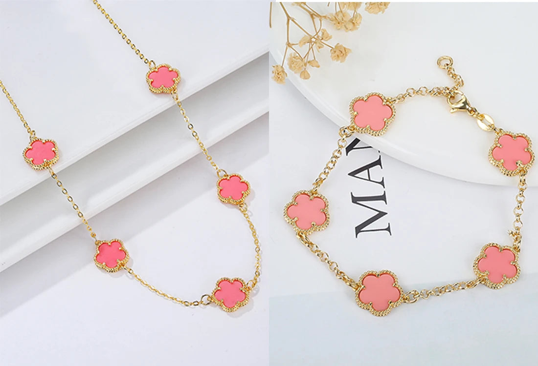 Hot Sale 14 Colors Five-Leaf Flower Set Bracelet Necklace Classic Simple Women Jewelry Set Suitable For Daily Party Wear Clover