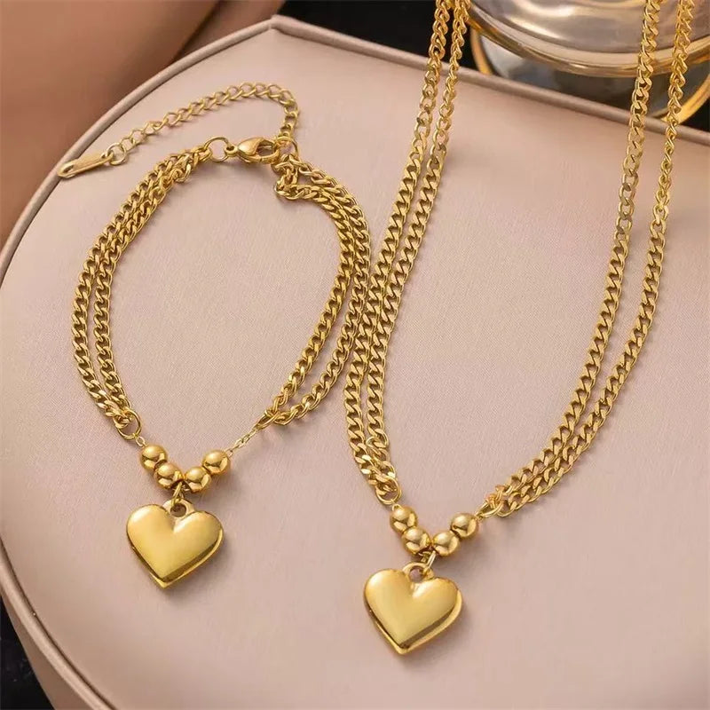 EILIECK 316L Stainless Steel Gold Color Smooth Heart Charm Necklace Bracelets Set For Women Trendy Waterproof Jewelry Lady Gift