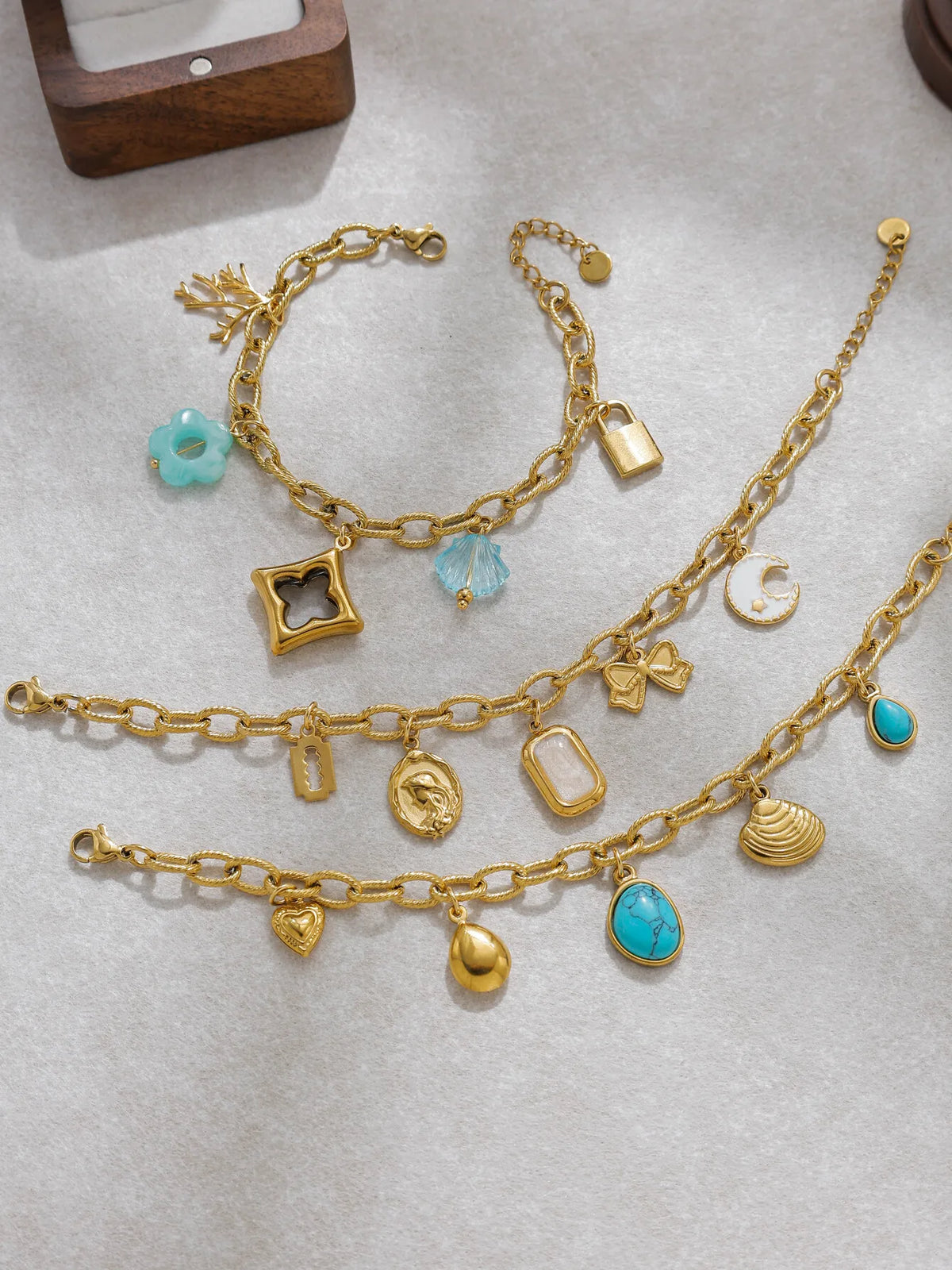 Minimalist Retro Stainless Steel Turquoise Star Pendant Charm Bracelet
