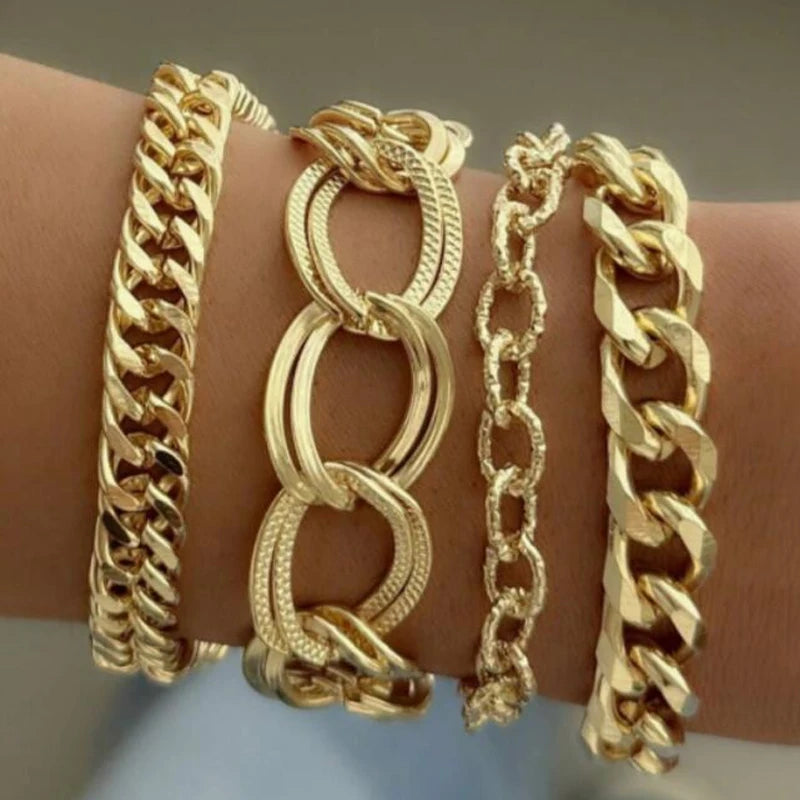 Minimalist Punk Boho Multilayer Chunky & Twisted Metal Chain Bracelet Set, 4 Pcs/Set