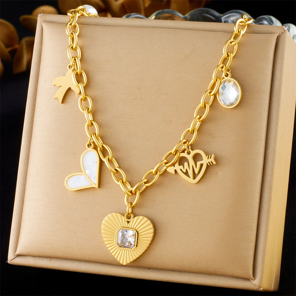 DIEYURO 316L Stainless Steel Golden Heart Sun Multiple Pendants Necklace Women New Fashion Marine Style Neck Chain Jewelry Gift