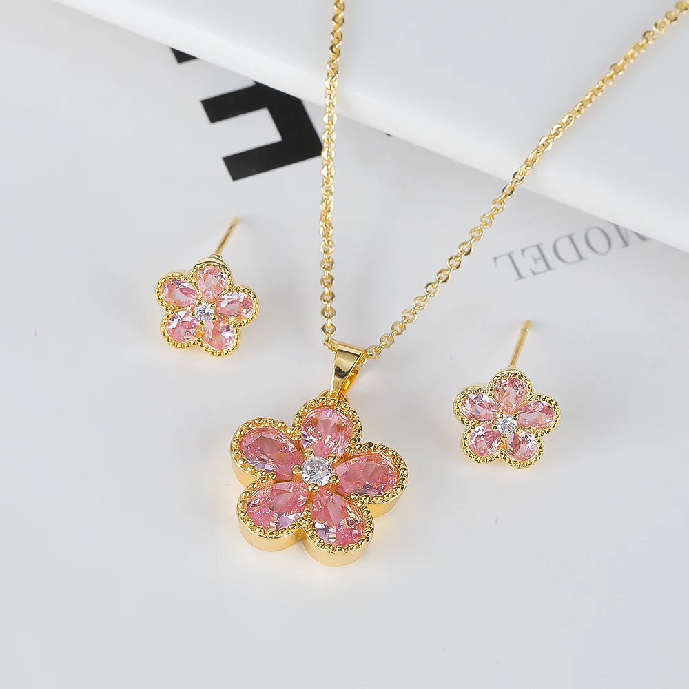 2PC Glass Crystal New Sweet Pendant Necklace Earrings Plum Blossom Five Leaf Flower Luxury Plant Women's Gift Clover