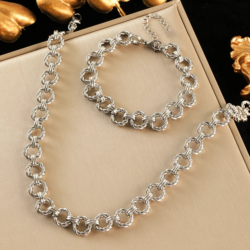 EILIECK 316L Stainless Steel Metal Gold Color Round Link Chain Necklace Bracelet Set For Women Fashion Punk Waterproof Jewelry