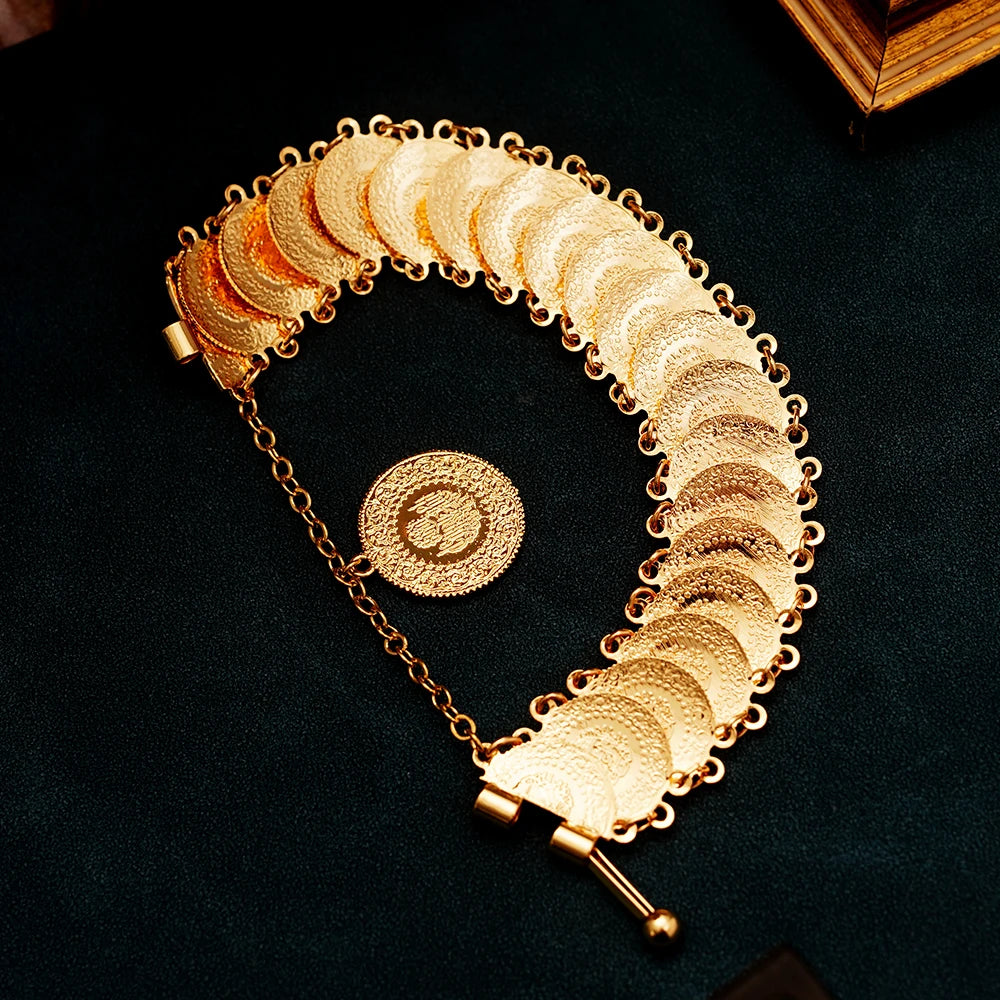 Luxury Gold-Plated Ottoman Turkish Totem Coin Cuff Bangle