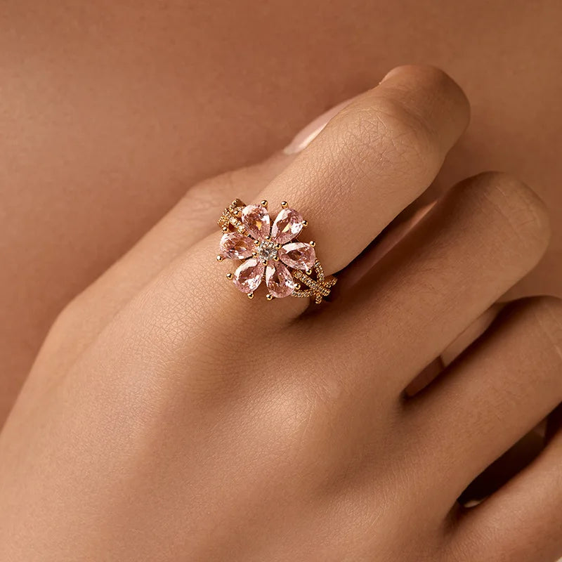 Personalized 18k Gold Plated Exquisite Zircon Ring with Opening Design European American Style Elegant Women Finger Ring
