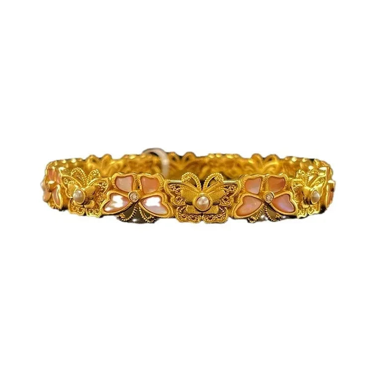 Light Luxury 24K real gold Ancient Flowers Butterfly Maiden Necklace Ring bracelet 999 Gold Princess set with jade Chopin chain