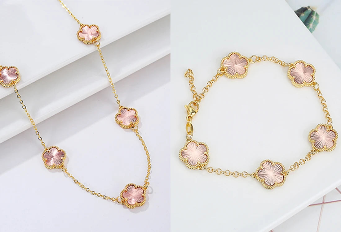 Hot Sale 14 Colors Five-Leaf Flower Set Bracelet Necklace Classic Simple Women Jewelry Set Suitable For Daily Party Wear Clover