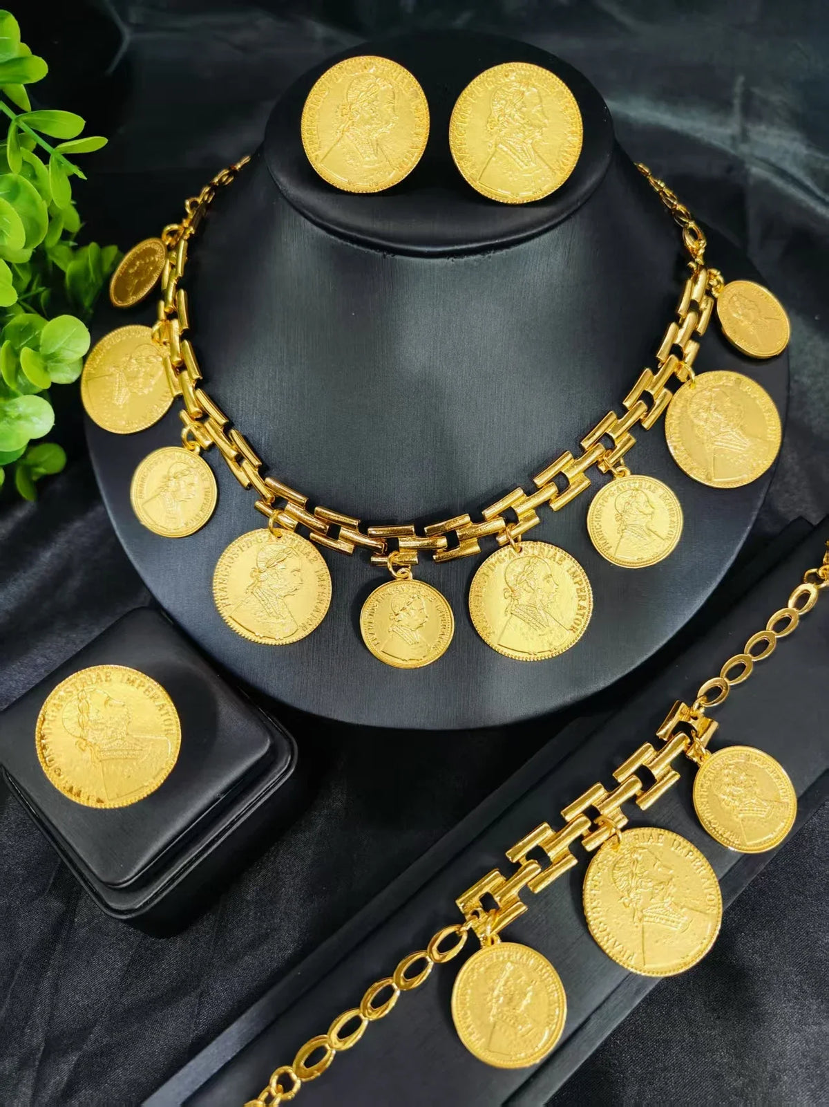 Indian Bridal Jewelry Set Dubai Coin Necklace Earrings For Women Wedding 24k Gold Color African Jwellery Bridesmaid Party Gift