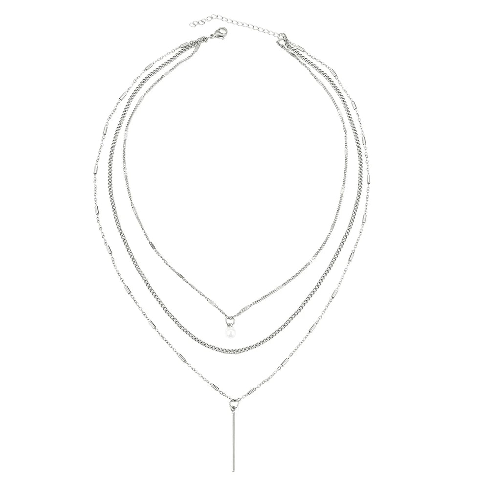 Retro Three-Layer Stainless Steel Necklace with Pearl Geometric Long Pendant Necklace Female Gift Bohemian Fashion Accessories